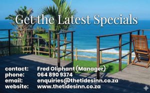 Get the Latest Specials from The Tides Inn B&B, ocean-view wooden deck and contact details for Fred Oliphant (Manager), 064 890 9374. - Bluff Accommodation